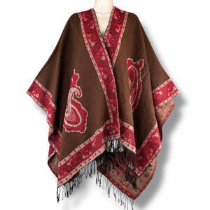 Artisanal Paisley Brown/Maroon Oversized Shawl Fringe Detailing Vintage Western